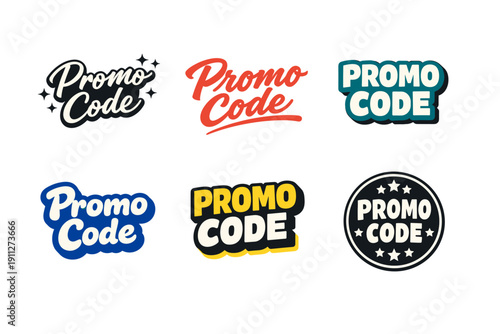 Variety of promotional code designs with bold fonts and colorful styles