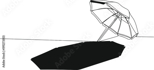 Wireframe beach umbrella casting a shadow on the sand