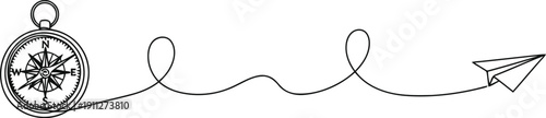 Compass and paper airplane journey across a winding path