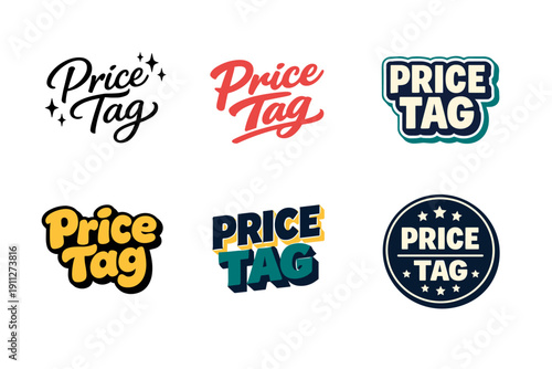 Colorful price tag designs: bold text styles and decorative elements