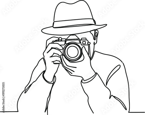 Minimalist line drawing of a photographer wearing a hat taking a photo