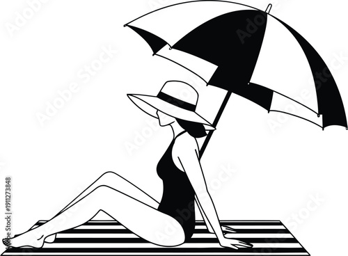 Woman in swimsuit and hat relaxing under beach umbrella