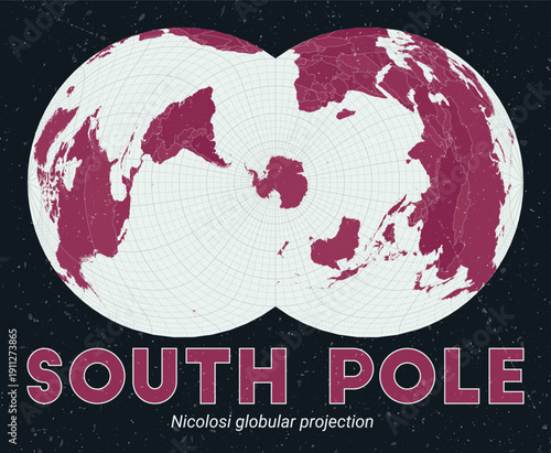 South Pole. World map. Nicolosi globular projection centered to South Pole. Pale Mint Dark Pink palette. Vintage texture. Captivating vector illustration.