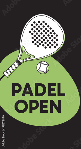 Dynamic Padel Open Illustration Depicting Racket, Ball, And Vibrant Green Design Elements