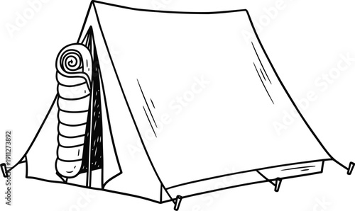 Hand drawn sketch of a simple camping tent and rolled sleeping bag