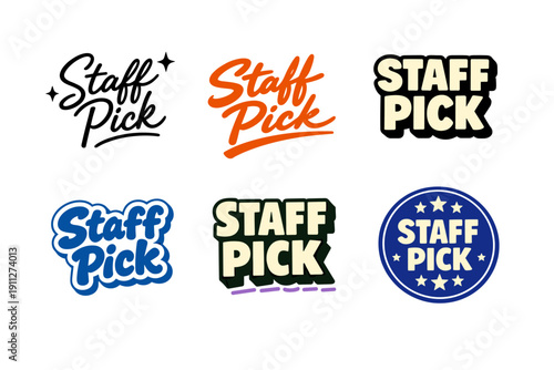 Collection of stylish staff pick logos in various fonts and colors