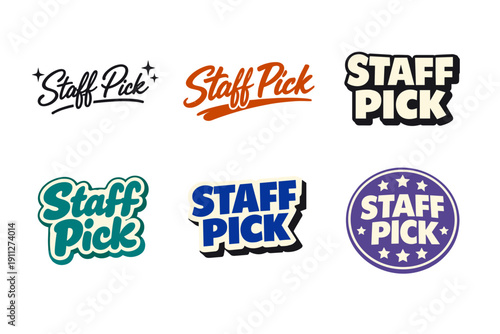 Diverse typography designs for staff pick logos in multiple styles