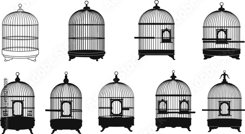 Vintage birdcage vector illustration set, black and white cage collection, decorative antique aviary silhouette, classic home decor concept design