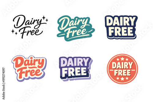 Colorful dairy free logos set for vegan and lactose intolerant products