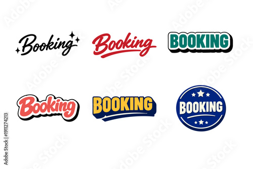 Set of 6 colorful booking text logos with varied styles and designs