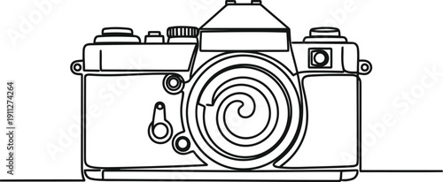 Minimalist line art drawing of a vintage film camera