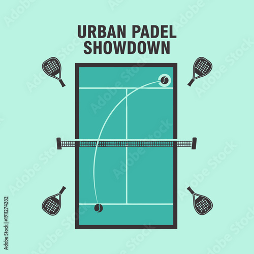 Dynamic Padel Tennis Court Illustration With Rackets And Ball Ready For Action