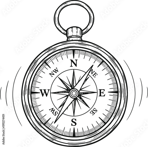 Vintage sketch of a brass compass showing directions