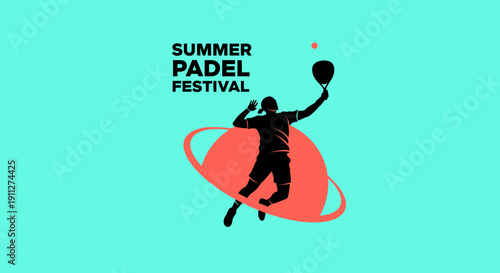 Dynamic Padel Player Silhouette With Summer Festival Title And Abstract Shape