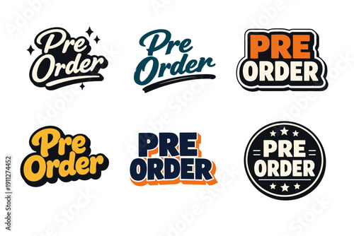 Variety of pre-order text designs in different styles and fonts