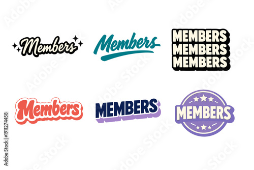 Retro and modern typography styles for 'members' logos in six variations