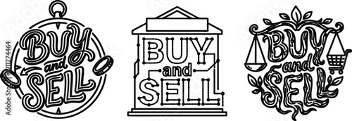 Black and white illustrations of buy and sell business icons and logos with shopping related symbols  finance and commerce concepts