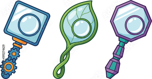 Three colorful cartoon crystal balls on decorative handles fantasy magic wands