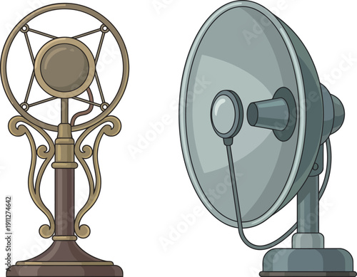 Vintage and modern satellite dishes side by side on white background for technology and communication concepts