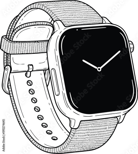 Sketch of a modern smartwatch with a black screen and leather strap