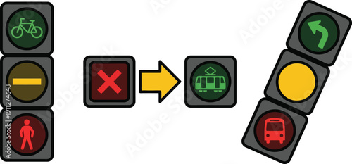 Traffic light signs for bicycle walk bus train and arrow directions on white background