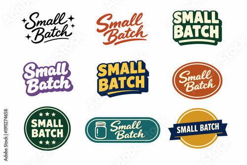Small batch labels collection with diverse designs and colorful typography