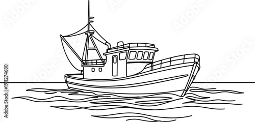 Sketch of a fishing trawler boat on wavy water surface