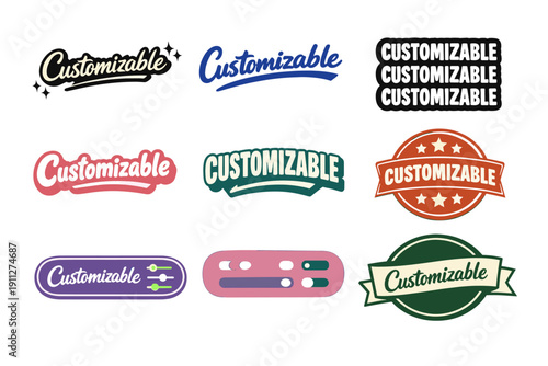 Customizable badge collection in various colors and styles