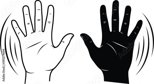 Two hands waving in a stylized black and white illustration