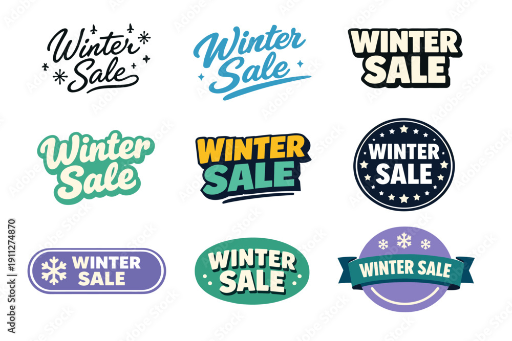 Obraz premium Colorful winter sale badges collection with diverse typography styles