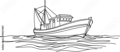 Sketch of a fishing trawler on textured water surface