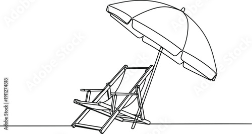 Simple line drawing of a beach chair and umbrella on a sunny day
