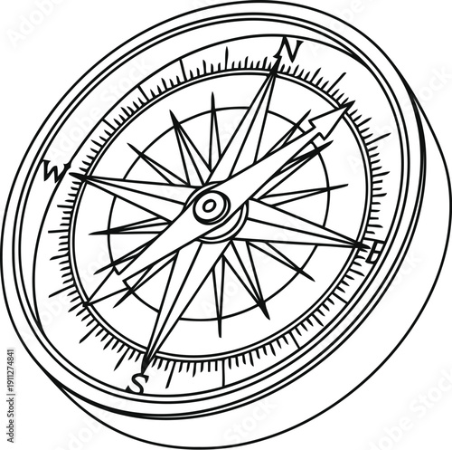 Vintage compass rose drawing with detailed points and lines