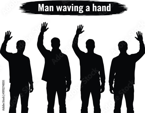 Silhouettes of men waving hands against a white background