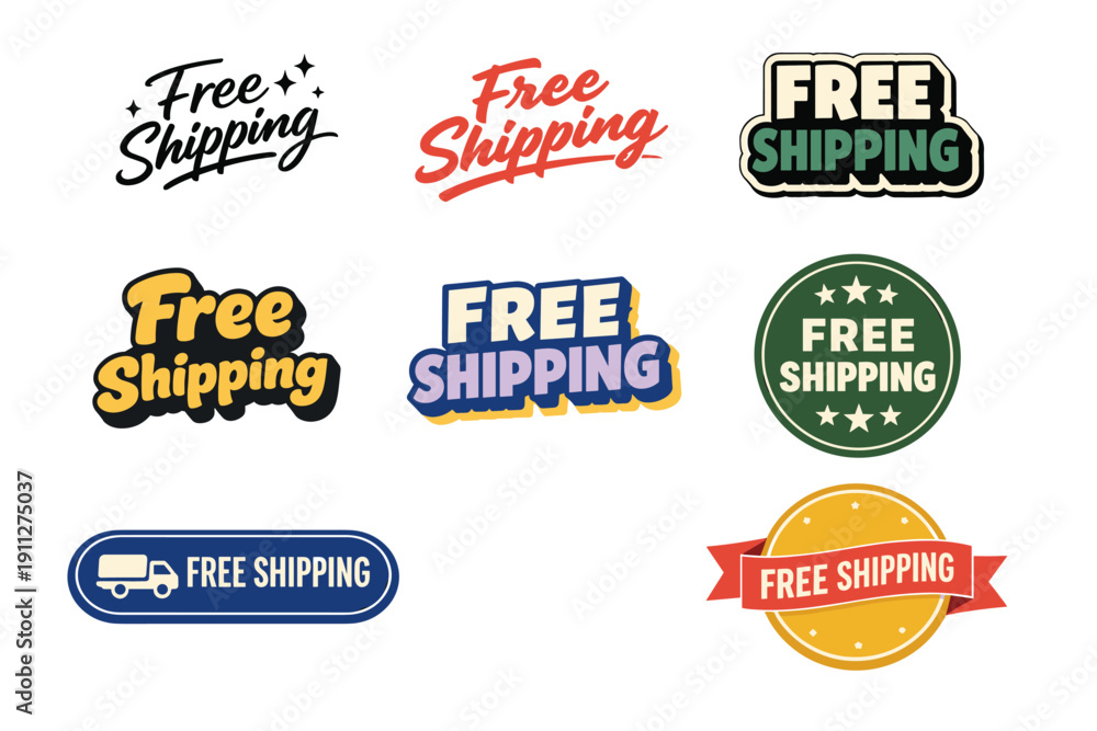 Naklejka premium Diverse free shipping label designs in various styles and colors