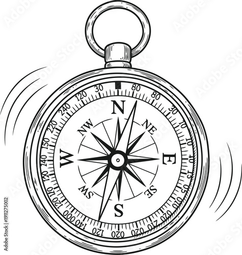 Vintage compass showing directions with wavy motion lines