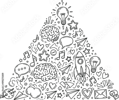 Triangle filled with small doodle icons representing ideas and innovation