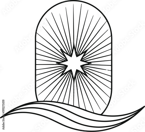 Stylized starburst within an archway over gentle waves