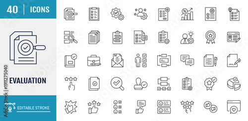 Evaluation icon set. Includes assessment, review, rate, grade, project icon. Outline icon set. Vector illustration with editable stroke