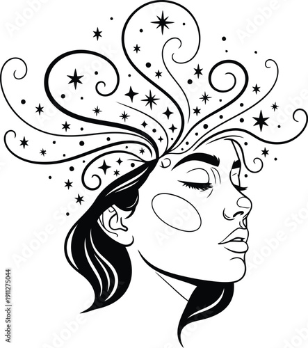 Woman s head with stars and swirls emanating from her mind
