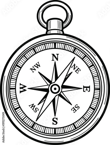 Vintage hand drawn compass rose nautical navigation tool illustration
