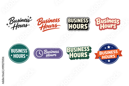 Collection of business hours sign designs in various styles and colors