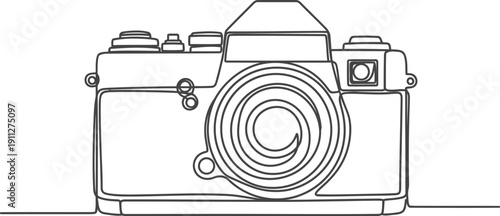 Minimalist line art drawing of a vintage film camera