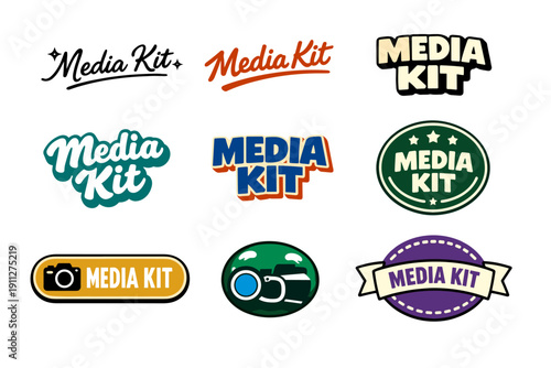Diverse media kit logo designs showcasing various styles and colors