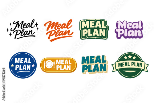 Variety of meal plan logos in different styles and colors