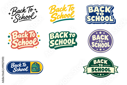 Colorful back to school logos in various styles and typography designs