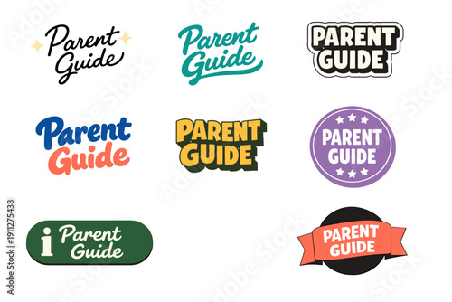Colorful parent guide logos in various styles and fonts