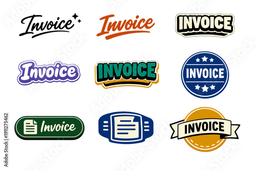 Diverse invoice label designs in various colors and styles