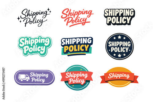 Colorful shipping policy badges and labels in various styles and designs