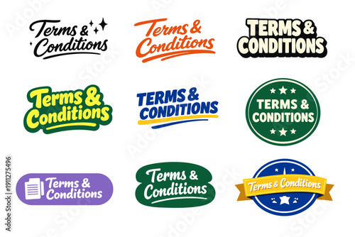 Various terms and conditions logos with diverse colors and styles